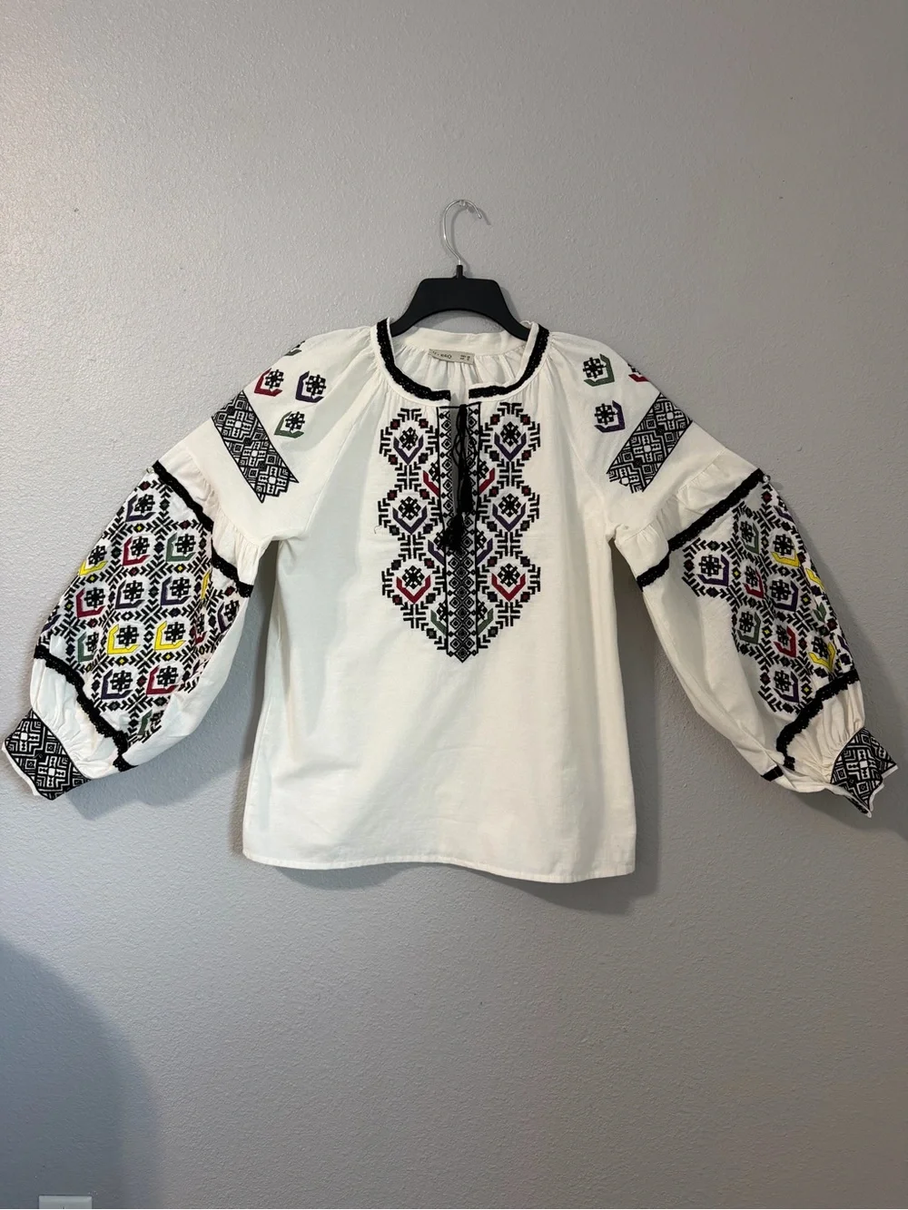 Embroidered White Peasant Blouse with Multicolor Accents - Picture 1 of 9